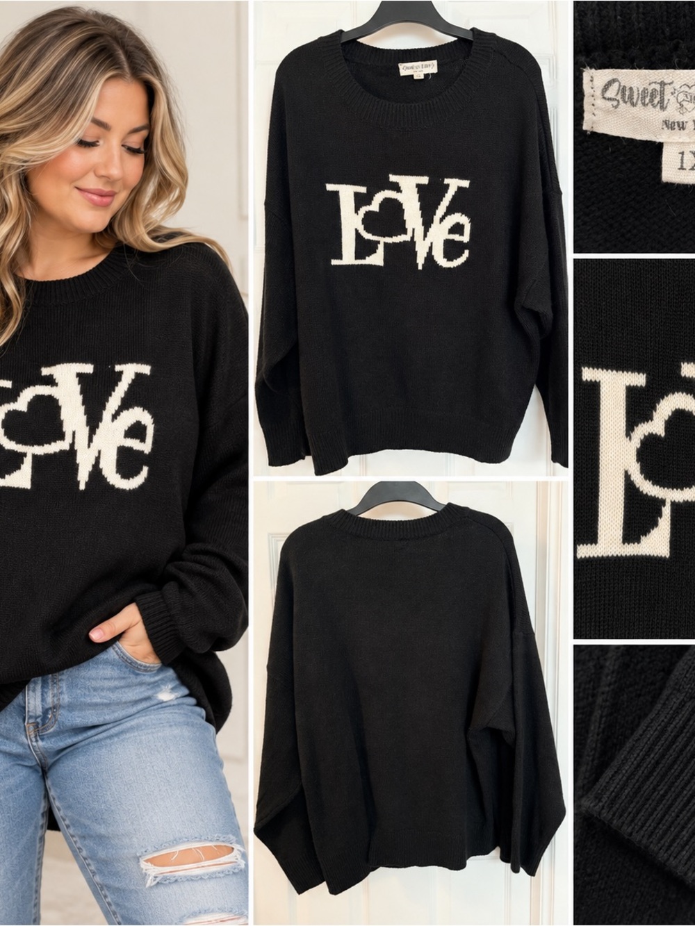 Sweet & Envy LOVE Sweater 1X Black White Oversized Graphic Pullover Plus Size